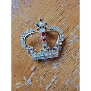Vintage Made In England Rhinestone Crown Broach Pin Gold Tone